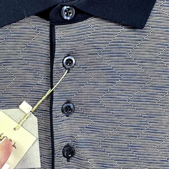 MONTECHIARO Men's Polo Shirt Navy White Zig Zag Print Cotton SZ 56/2XL ITALY - Picture 8 of 16